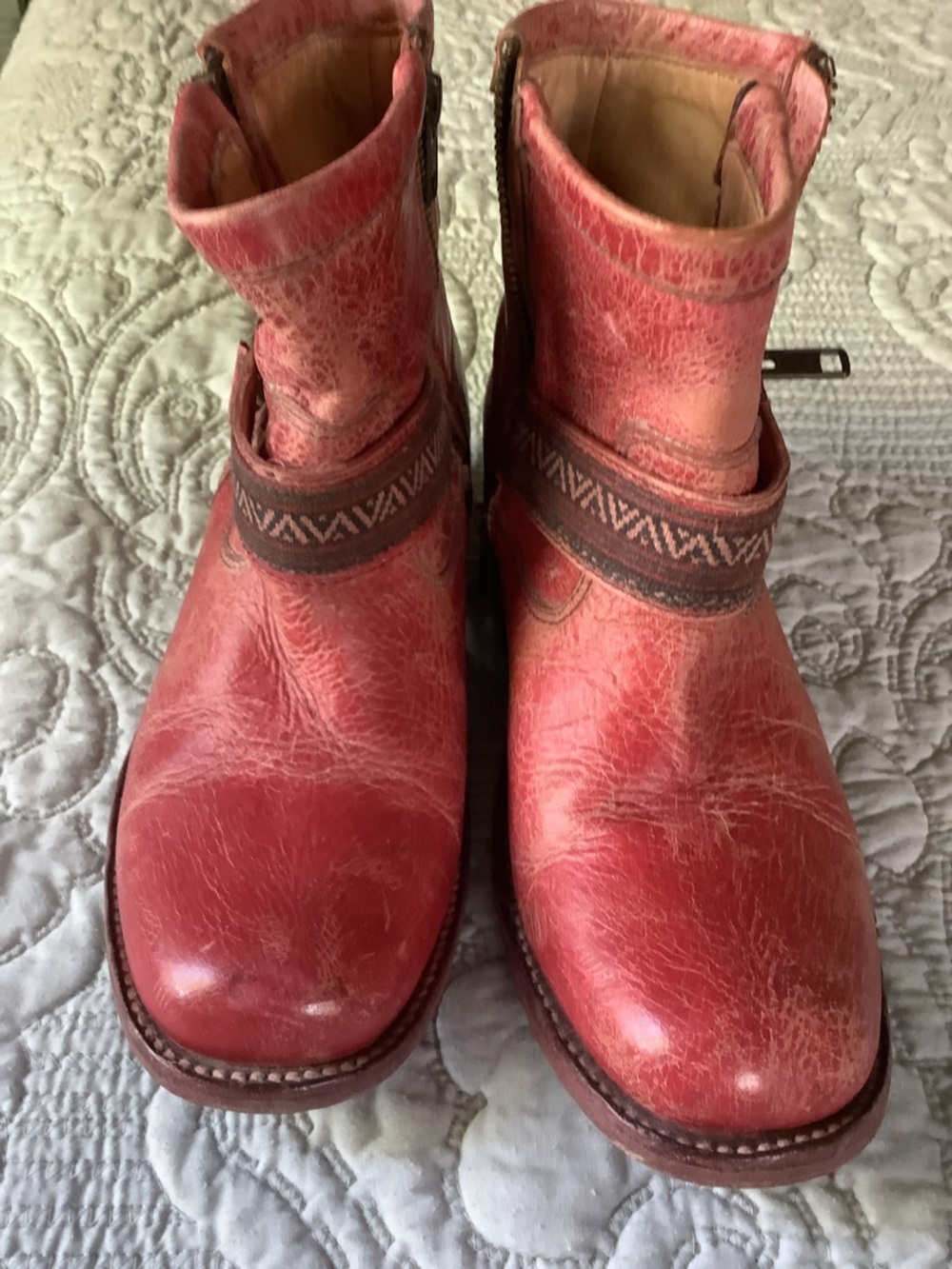 BED|STU Red Leather Ankle Boots with Embroidered Strap